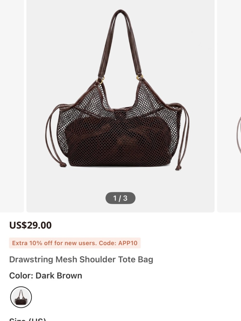 Commense Dark Brown Mesh Drawstring Shoulder Tote
